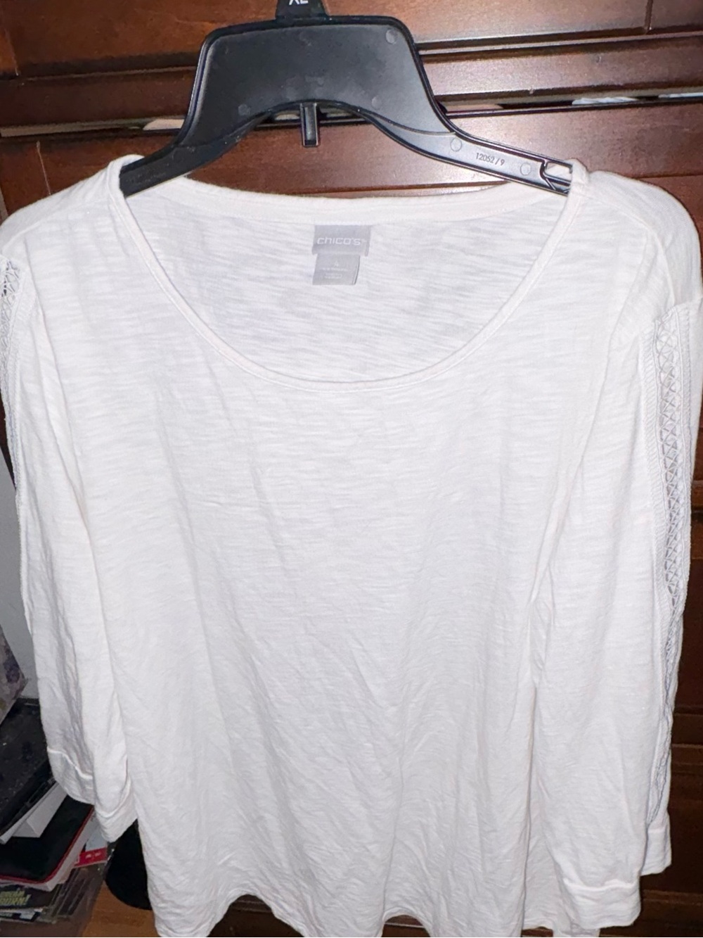 Chico's White 3/4 Sleeve Scoop Neck Top with open-Detail Sleeves